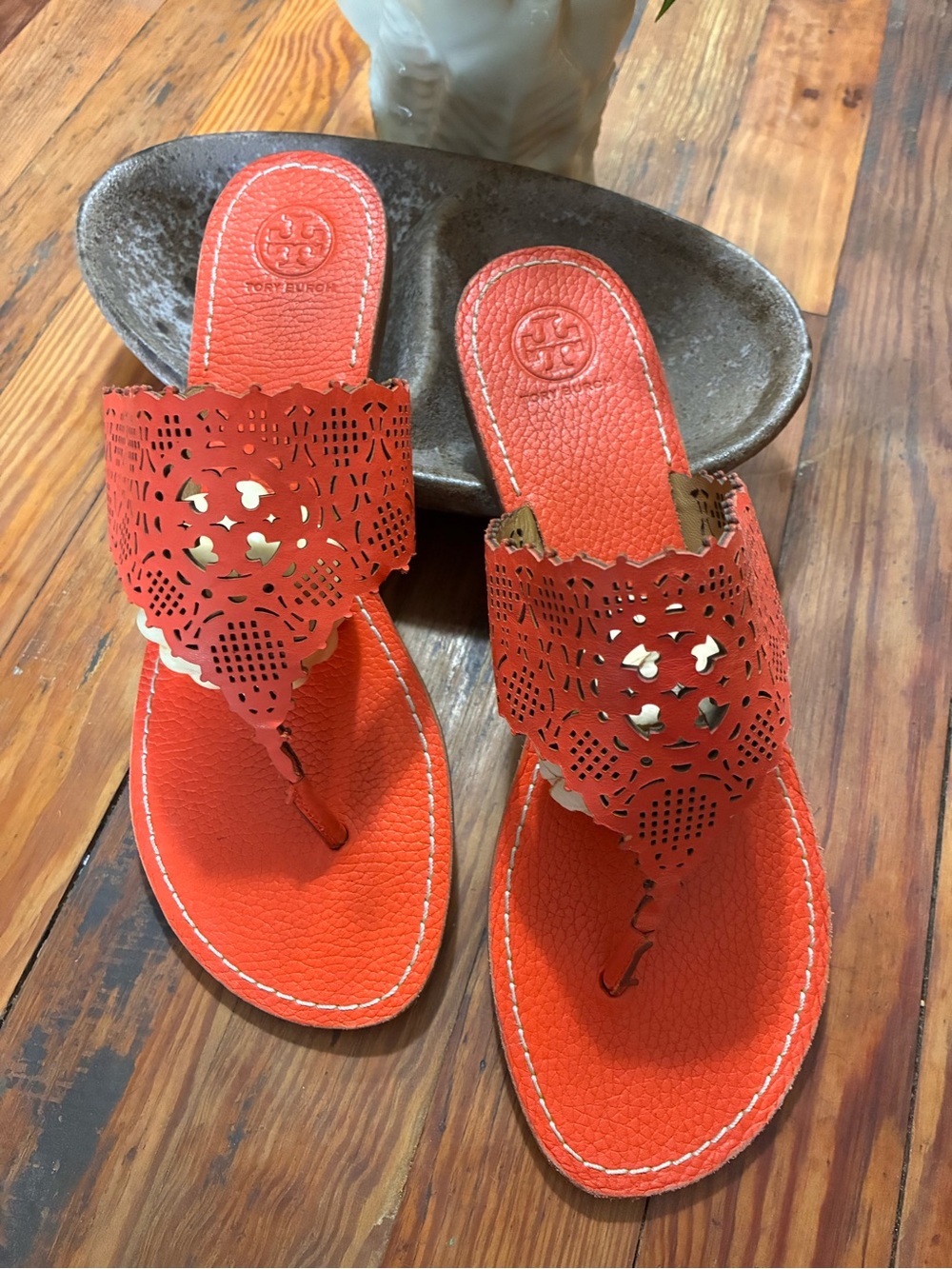 Tory Burch Orange Laser-Cut Leather Thong Sandals